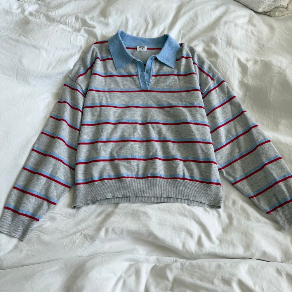 Cotton On Relaxed Polo Sweater Striped Blue Grey Red Size L